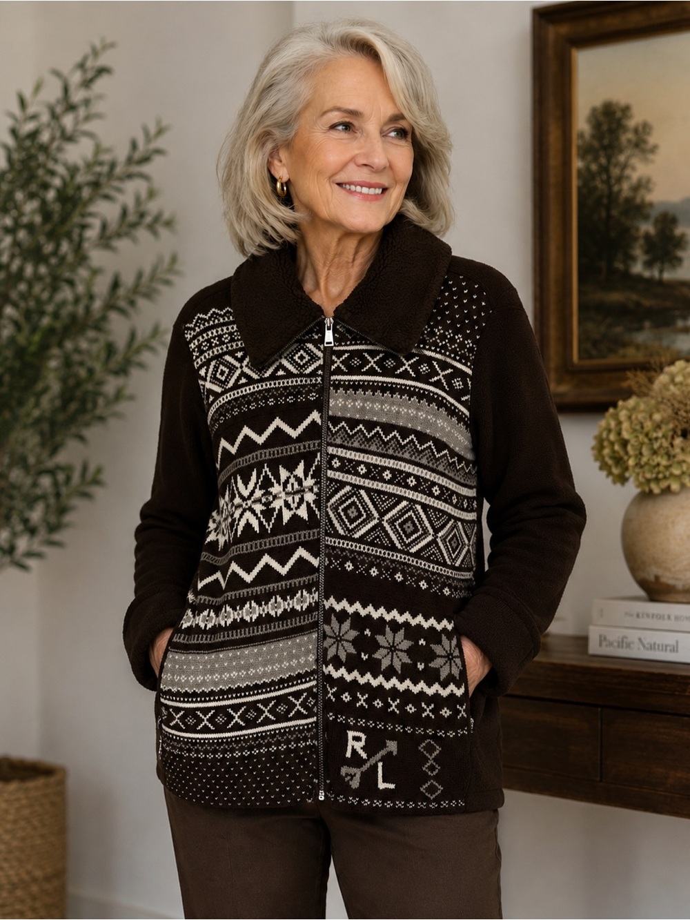 Lauren Ralph Lauren Women’s Fair Isle Nordic Lambs Wool Zip Up Sweater Sz XL